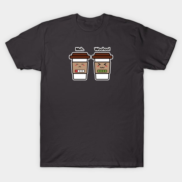 Meh. Woohoo! | Coffee Cup Friends | Charging | Low High Battery | Cute Kawaii | Dark Gray T-Shirt by Wintre2